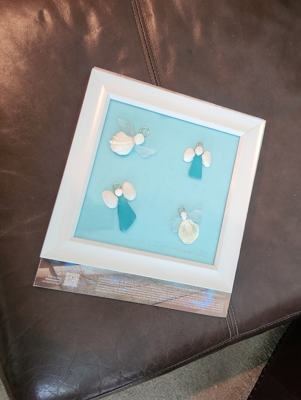 Sea Glass And Seashells Angels- White Frame, Aqua Background